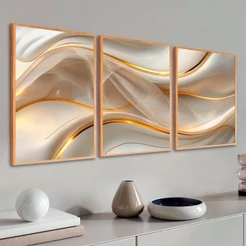 Kit 3 Quadros Arte Exclusiva Branco Ondulado Com Detalhes Dourados para Sala