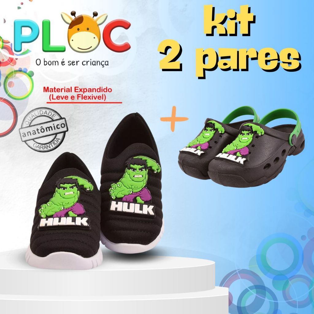 KIT 2 PARES PLOC - 1 TÊNIS CALCE FÁCIL + 1 BABUCHE HULK PRETO  (P59 PRETO + Bab59 HULK)