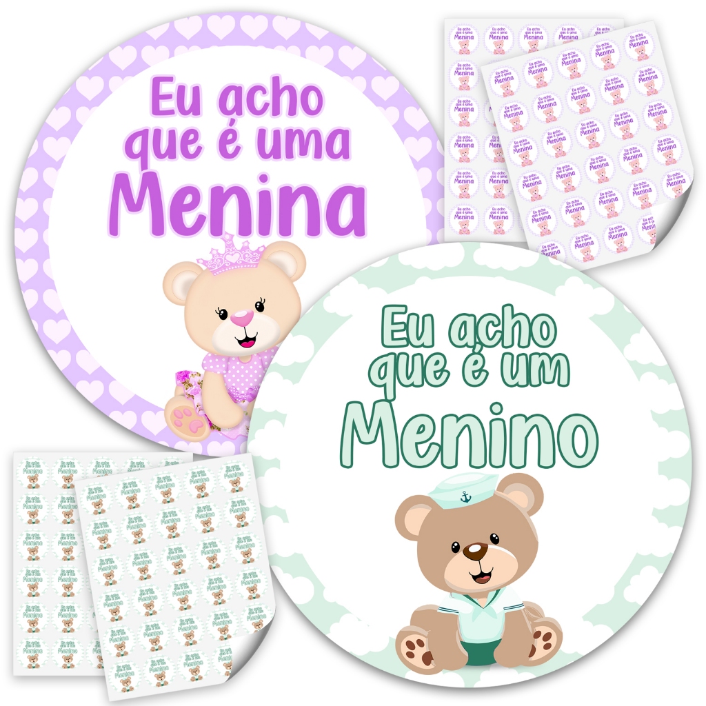 Kit Adesivos Cha Revelação Verde e Lilás 4cm Eu acho que é Festa Decoração Bebê Menino ou Menina