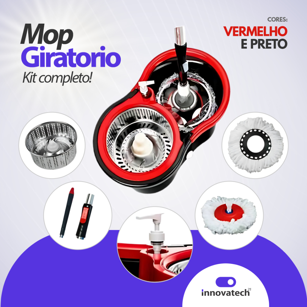 Mop Giratorio Com Cesto Em Inox  Balde Centrífuga C/2 Refil Dispenser Cabo 140cm