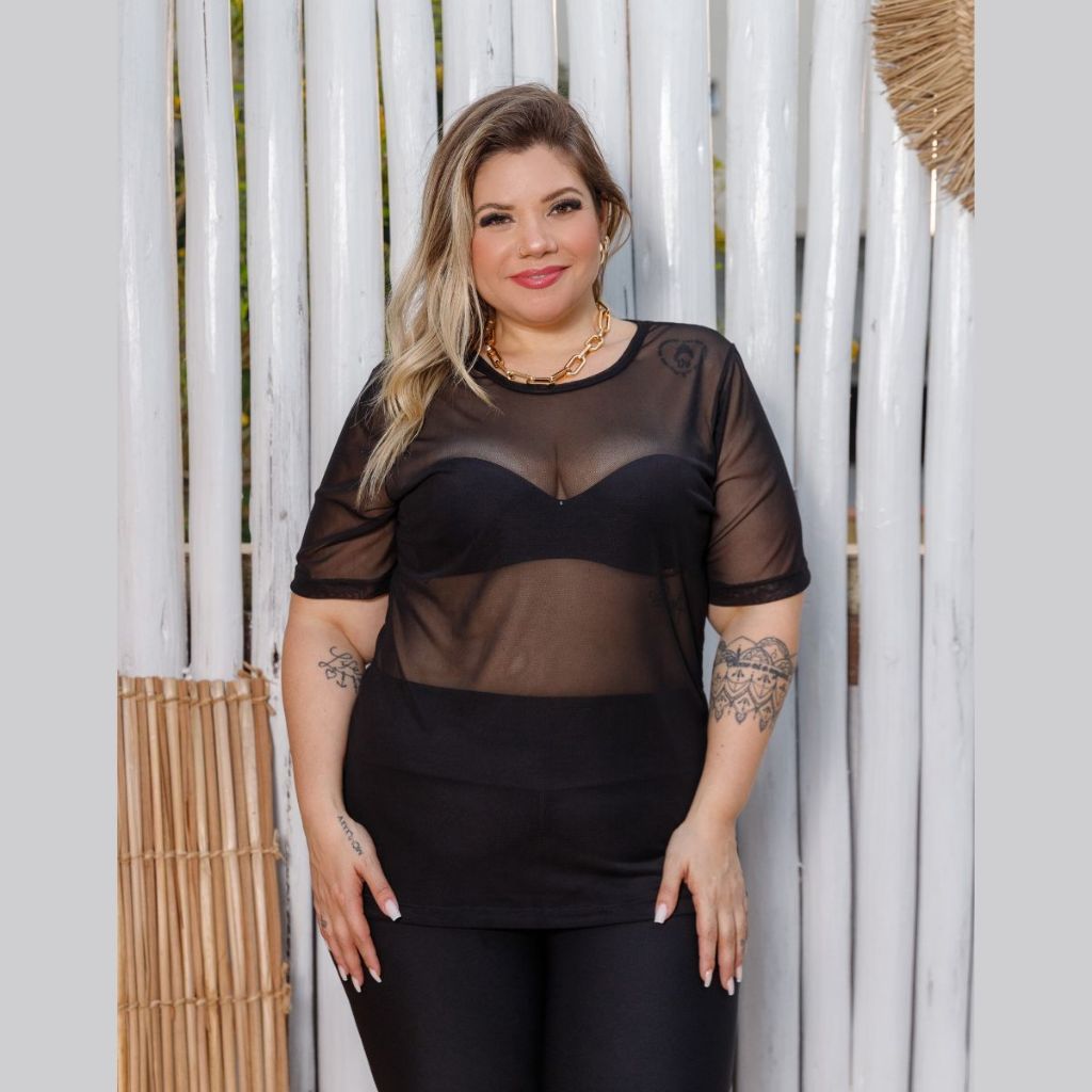 Blusa Tule Transparente Manga Curta Feminina Plus Size — imagem 2 de 2