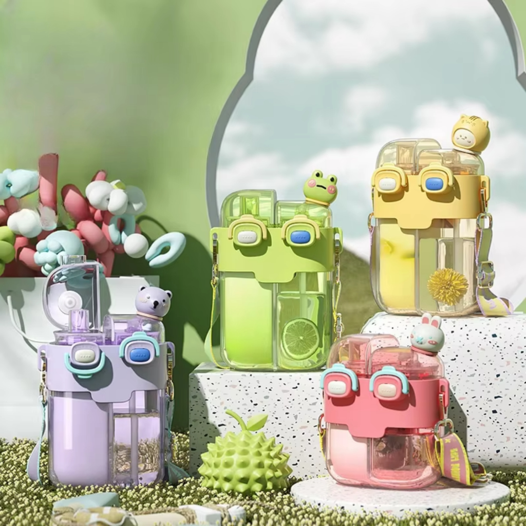 Copos Portáteis Duplos Garrafinha De Água Infantil fofos de desenho animado Com Canudo e Alça