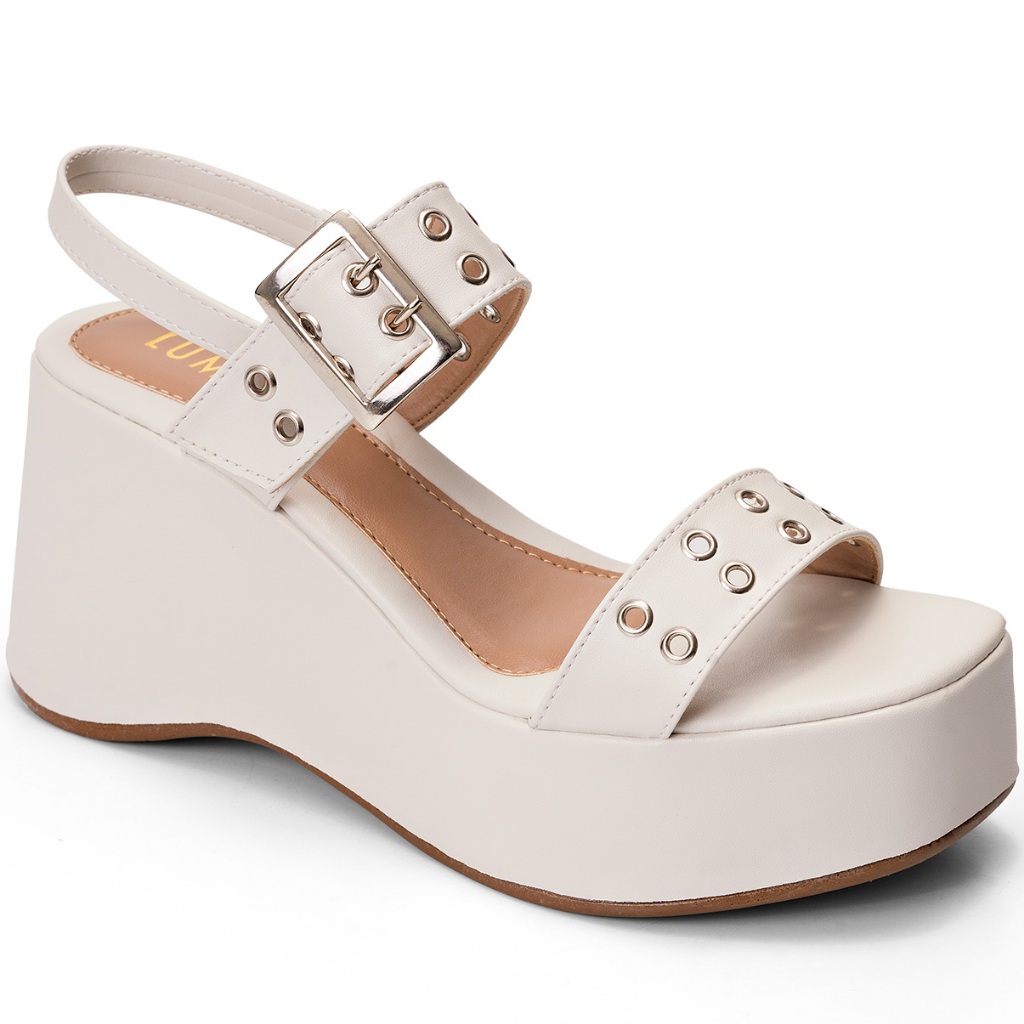 Sandália Feminina Lumiss Fivela Ilhós Anabela Plataforma Confortável Off White em Oferta na Shopee