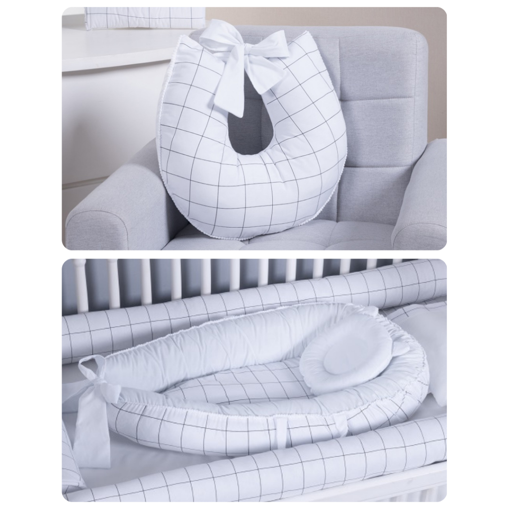 Kit Ninho Redutor Berço + Almofada Amamentação Com Laço 100% Algodão Estampado