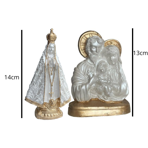Kit Sagrada Família e Nossa Senhora Aparecida Pintado Perolado e Dourado