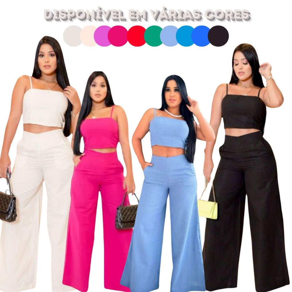 Conjunto Feminino Calça Pantalona e Cropped em Linho