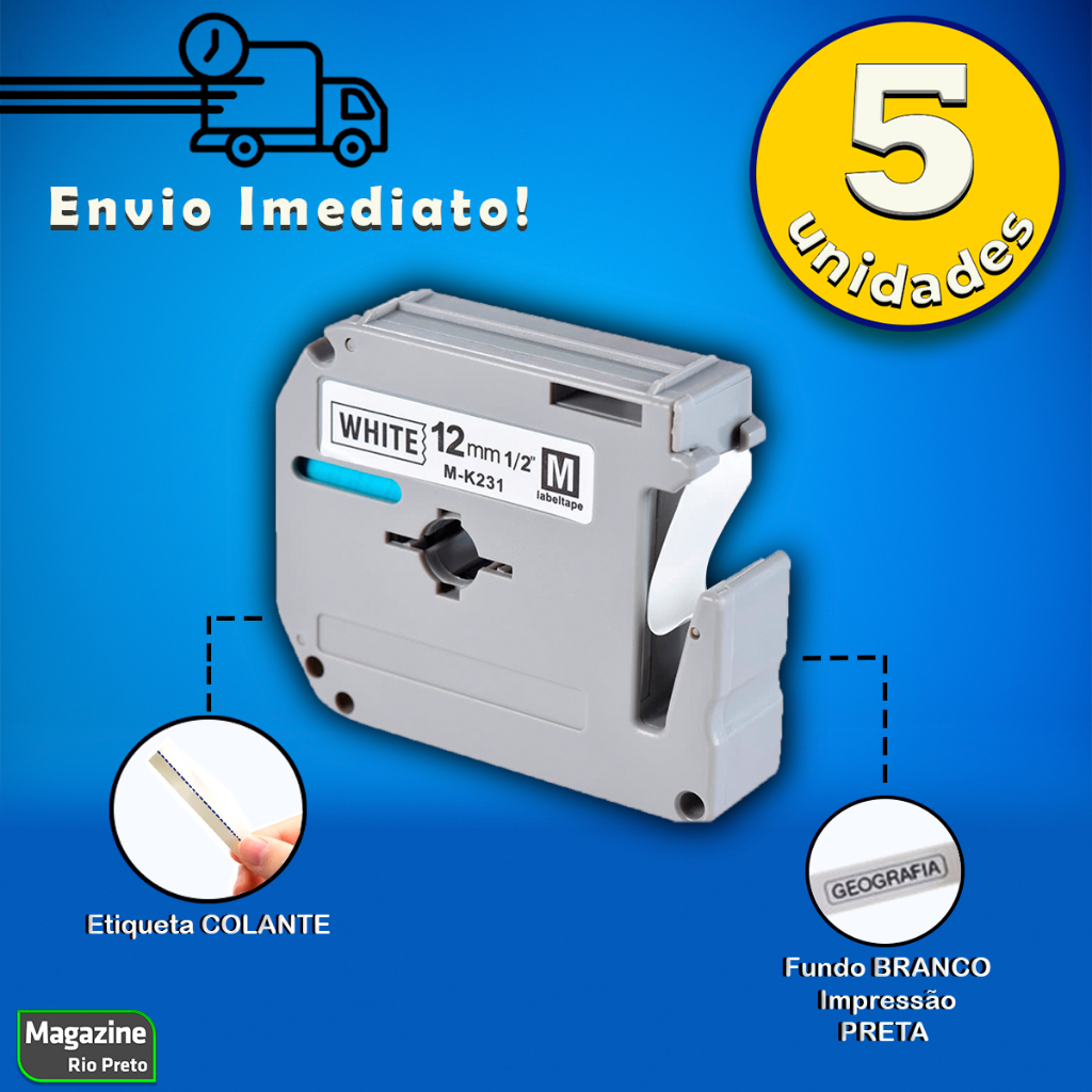 Kit 5x Fita Compatível MK 231 Branca 12mm x 8m Rotulador Pt-70 Pt-80 Pt-90 em Oferta na Shopee