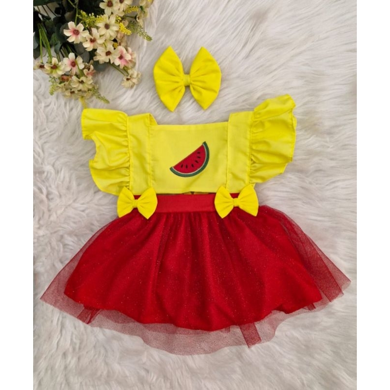 Romper Melancia Magali Body Salopete Fantasia Vestido Saia Jardineira Roupa Infantil Bebê Frutas