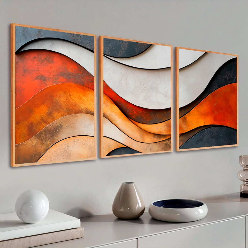 Kit 3 Quadros Com Moldura 40X60cm Abstrato com Tons Terrosos Para Sala e Hall