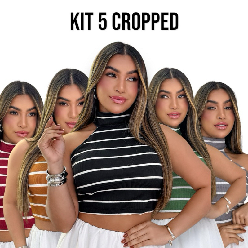 KIT 5 Cropped Gola Alta Canelado Sem Manga Listrado em Oferta na Shopee