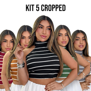 KIT 5 Cropped Gola Alta Canelado Sem Manga Listrado em Oferta na Shopee