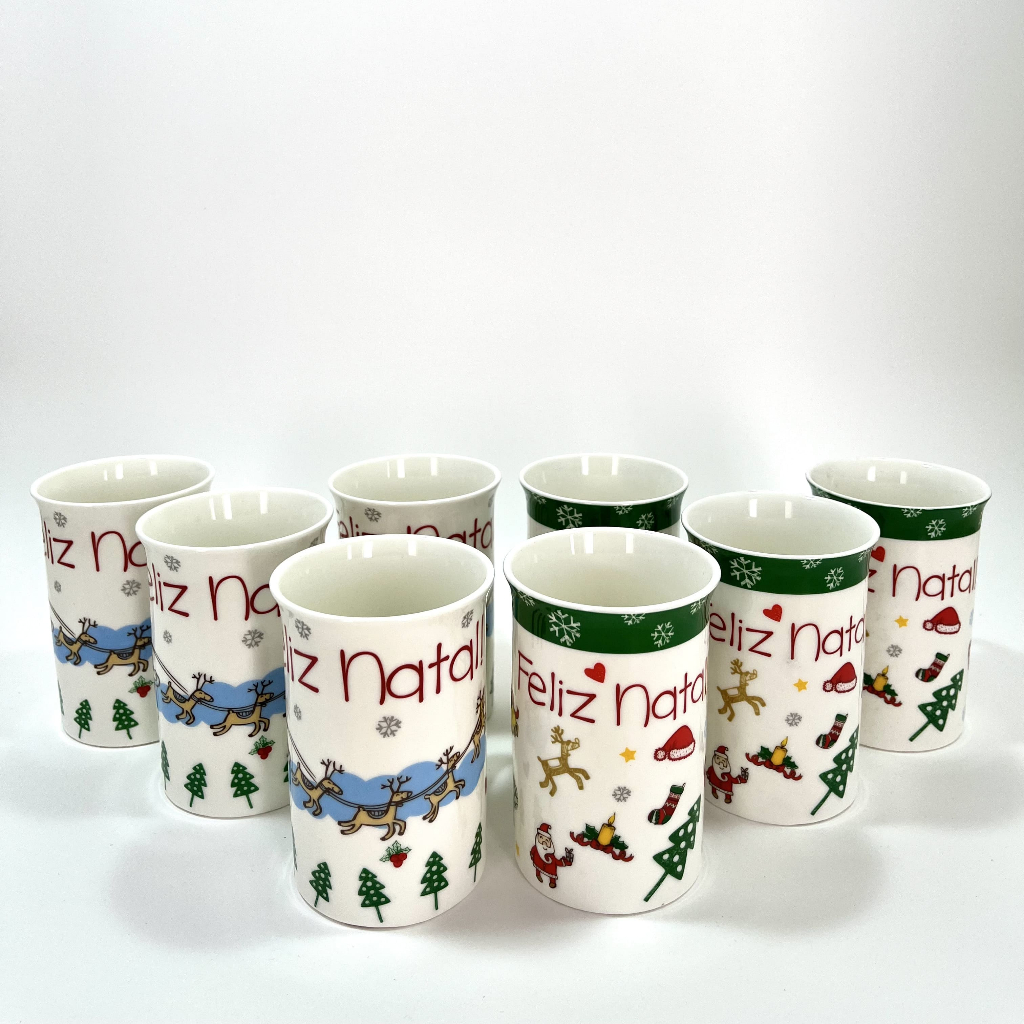 Jogo 8 Xícaras Natal 300ml Porcelana Cilíndro / Caneca Café, Chá / Conjunto Kit / Ceia Nat...