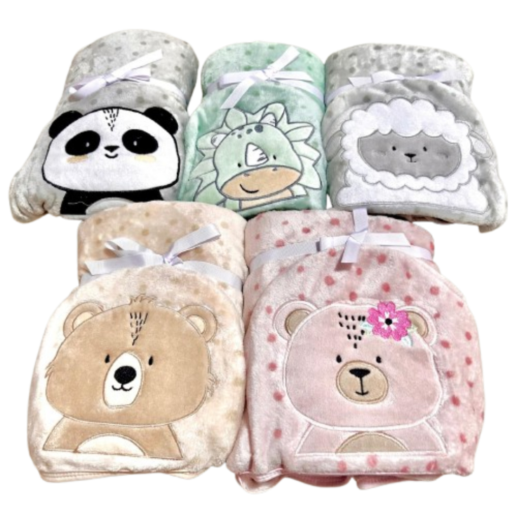 Cobertor Bebê com Capuz Bordado Manta Poá Infantil 1,10m x 90cm