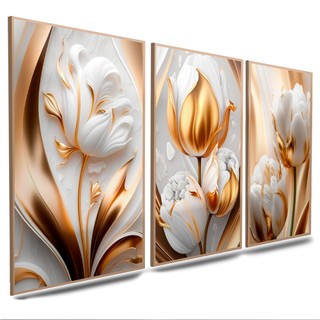 Quadros Flores Tulipas Brilhantes 3 Peças Para Sala Quartos Decoração Tulipas Douradas Go…