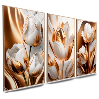 quadros decorativos flores douradas tulipas ouro 3 peças (007 B/D) em Oferta na Shopee