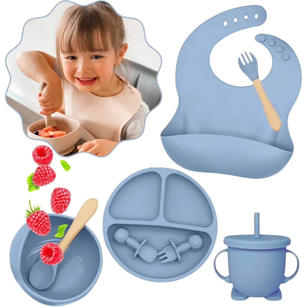 Kit Alimentação Refeição Bebê Prato Babador Copo Talher Silicone Ventosa Pratinho Bebe Infantil
