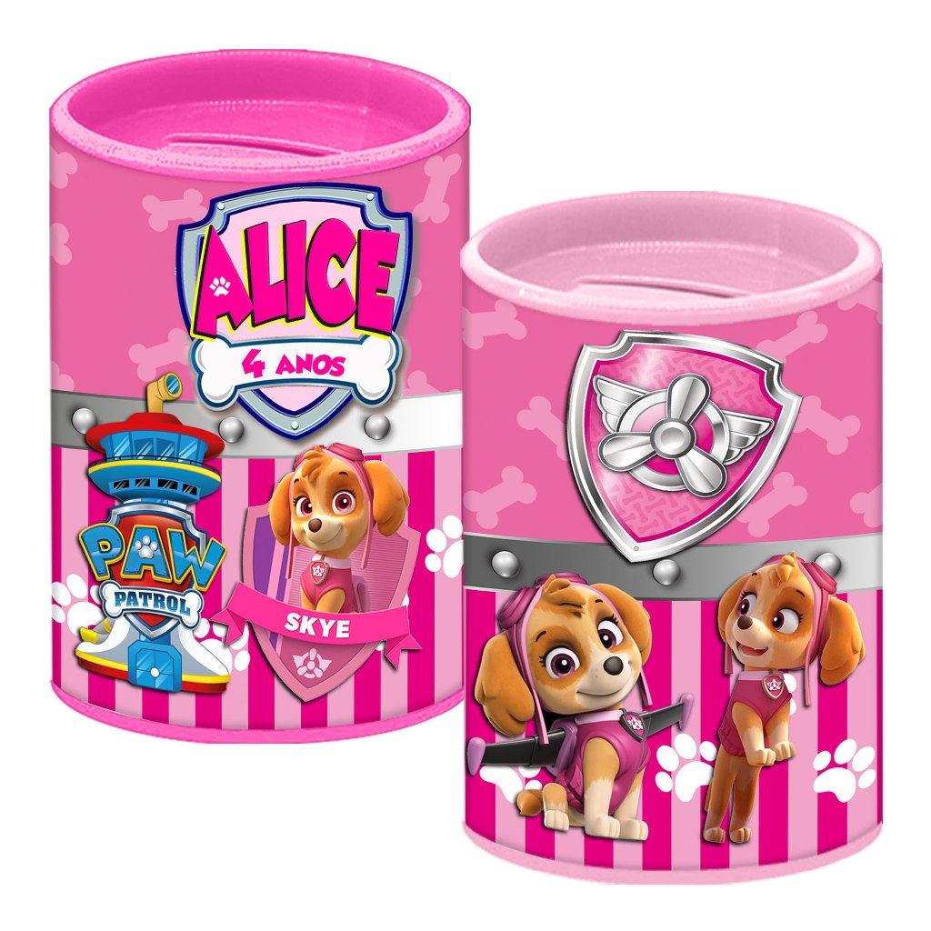 20 Cofrinho Personalizado Patrulha Canina Meninas Skye Rosa