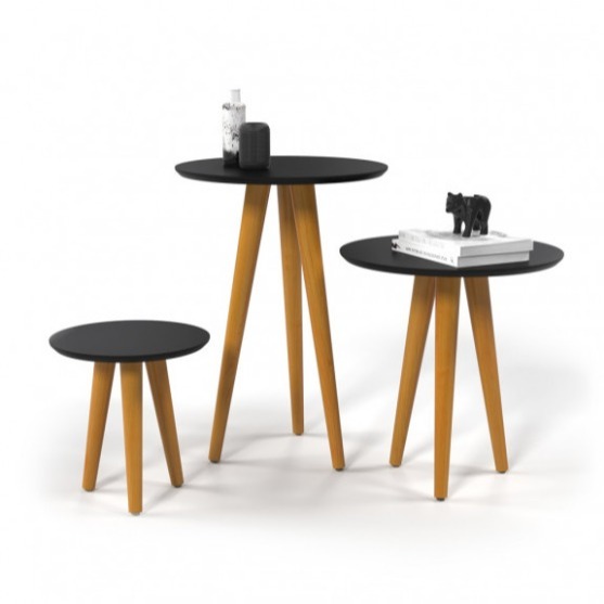 Trio de Mesinhas Lateral Redondas retro Sala Pé Palito