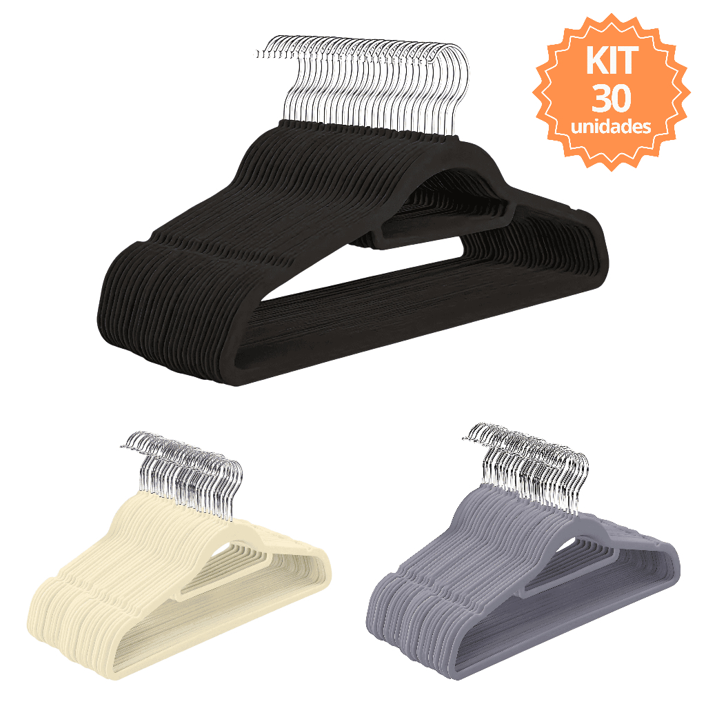 Kit 30 Cabides De Veludo Ultra Fino Antideslizante 45cm Com gravateiro – Cores: Preto / Bege / Cinza