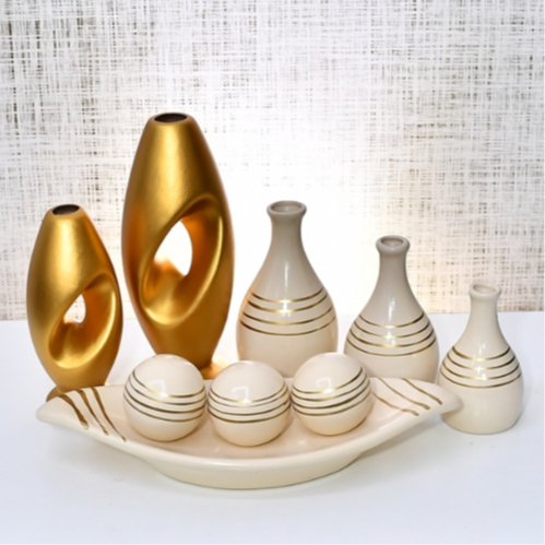 Kit Enfeite 9 Peças Vasos Cerâmica Sala Conjunto Completo Decorativas Trio Rack Centro Mesa Cozinha