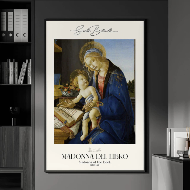 Quadro Decorativo 110x80cm  Artista Sandro Botticelli The Virgin and Child Virgem Maria e Menino Jesus (The Madonna of the Book) Hall Luxo Casa Sala Quarto Decoração De Parede Grande Moderno
