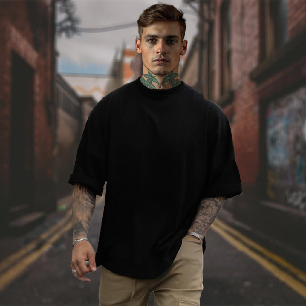 Camiseta Oversized Preto Lisa Camisa Masculina Larga StreetWear 100% Algodão Estilo de Rua Grande