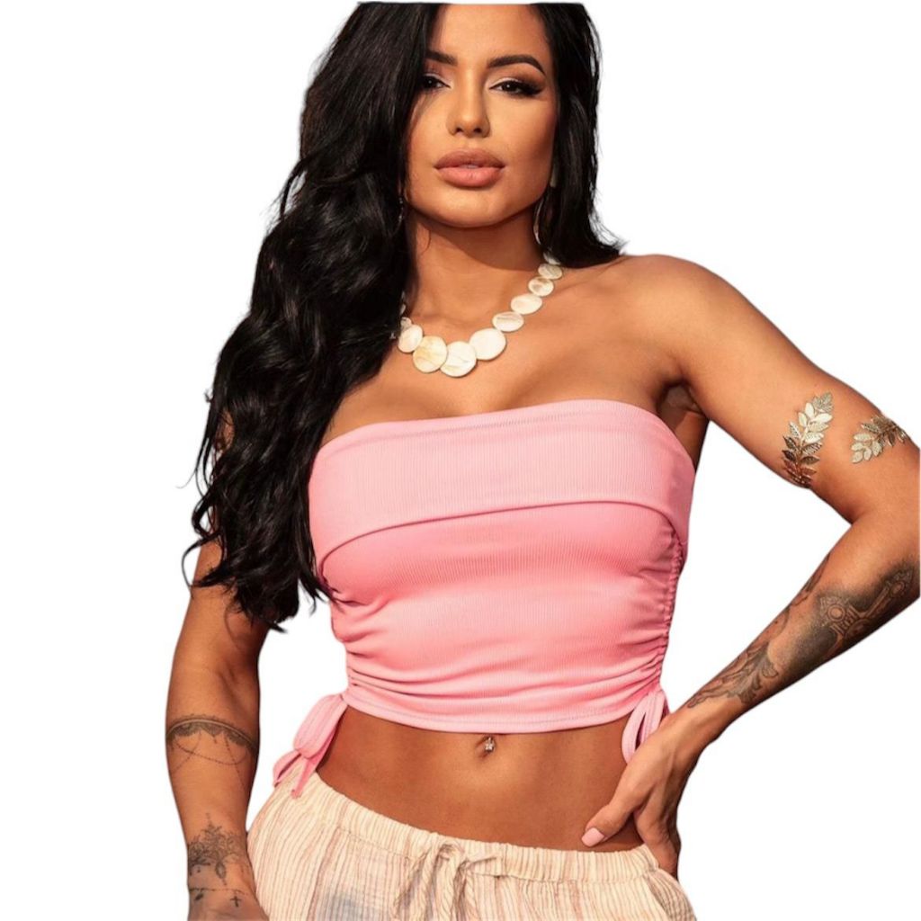 Blusa Cropped Feminino Tomara Que Caia Com Amarração Lateral Ribana Canelada Premium