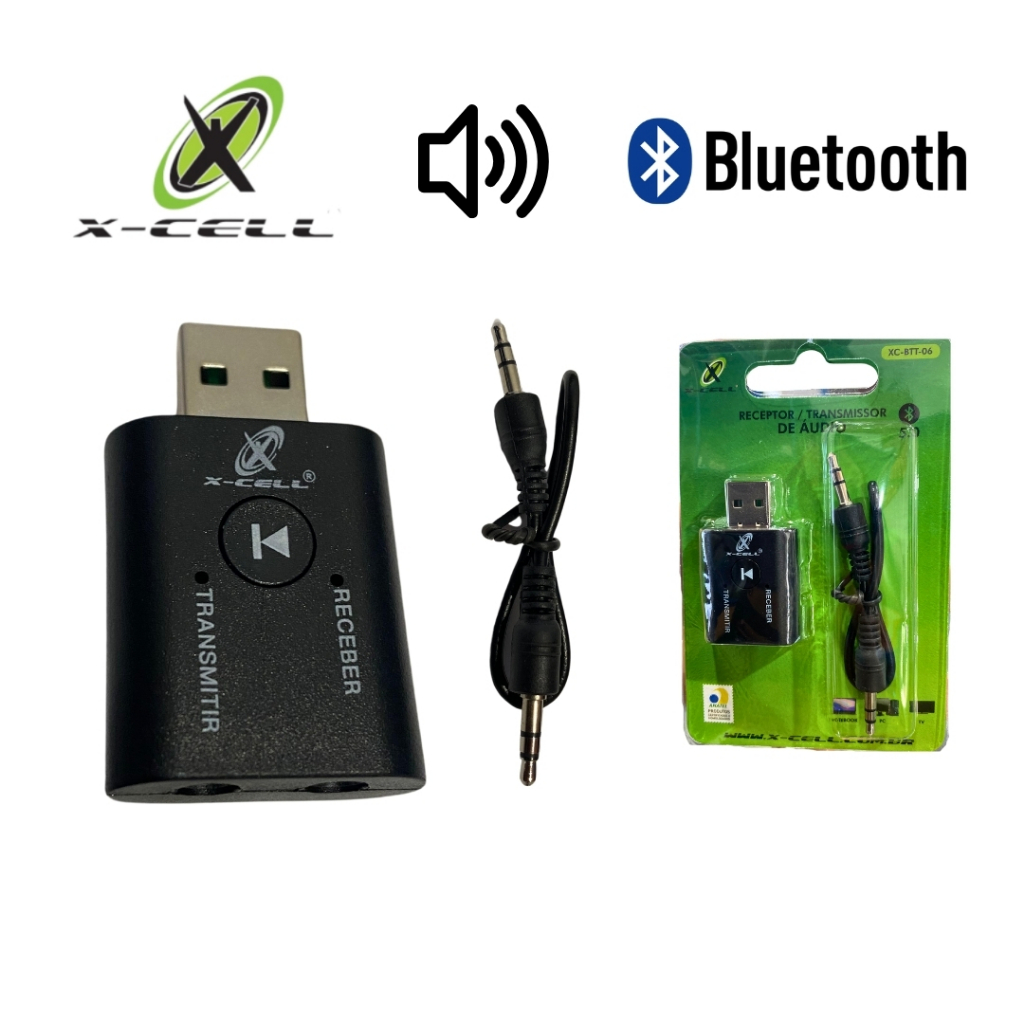 Kit 10x a 50x Adaptador Receptor Transmissor de Áudio e Vídeo via Bluetooth 5.0 +Cabo Auxiliar P2 X-Cell XC-BTT-06