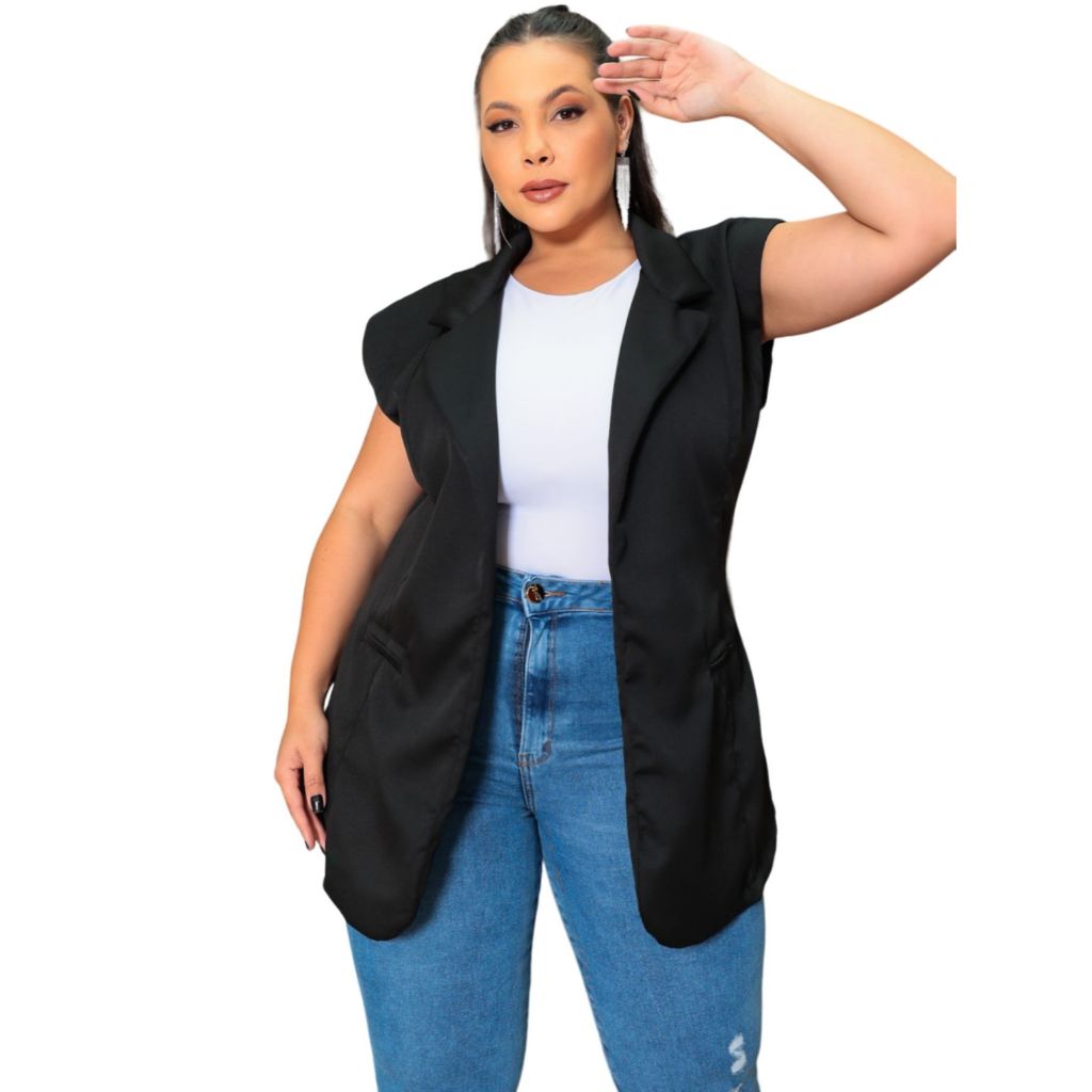 Colete Longo Alfaiataria Plus Size Feminino Elegante Chic G2 e G3 em Oferta na Shopee