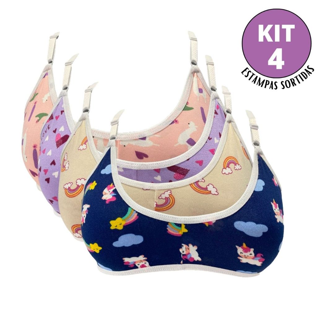 Kit 4 Sutiã Infantil Luna Estampado Suede Alça Regulável Usar Dia a Dia Boneca Farda Uniforme Menina
