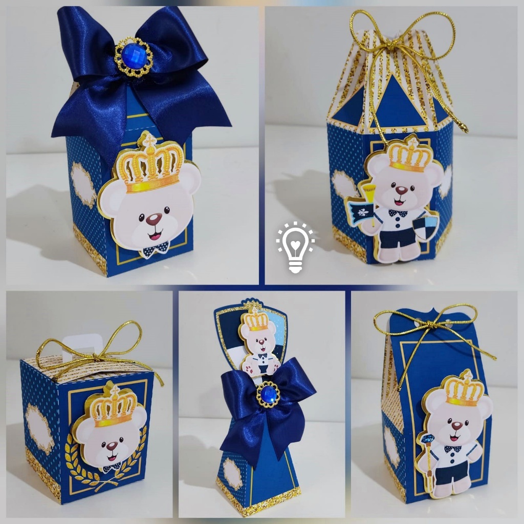 Kit Ursinho Realeza Azul Marinho Urso Principe Lembrancinha Personalizada Scrap Festa Caixa