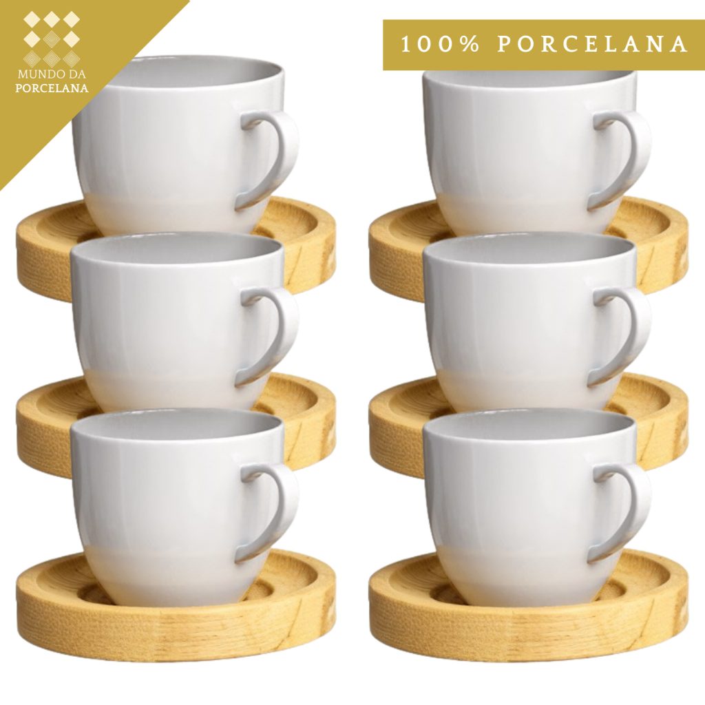 Jogo 6 Xicaras Porcelana Cafe Chá Com Pires Madeira 12 Peças