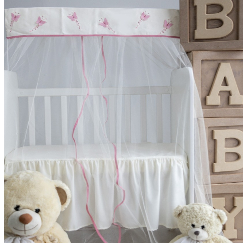 MOSQUITEIRO CORTINADO PARA ** MINI BERÇO **BORBOLETA  BEGE/ROSÊ 0,94 LARGURA x 1,50 ALTURA