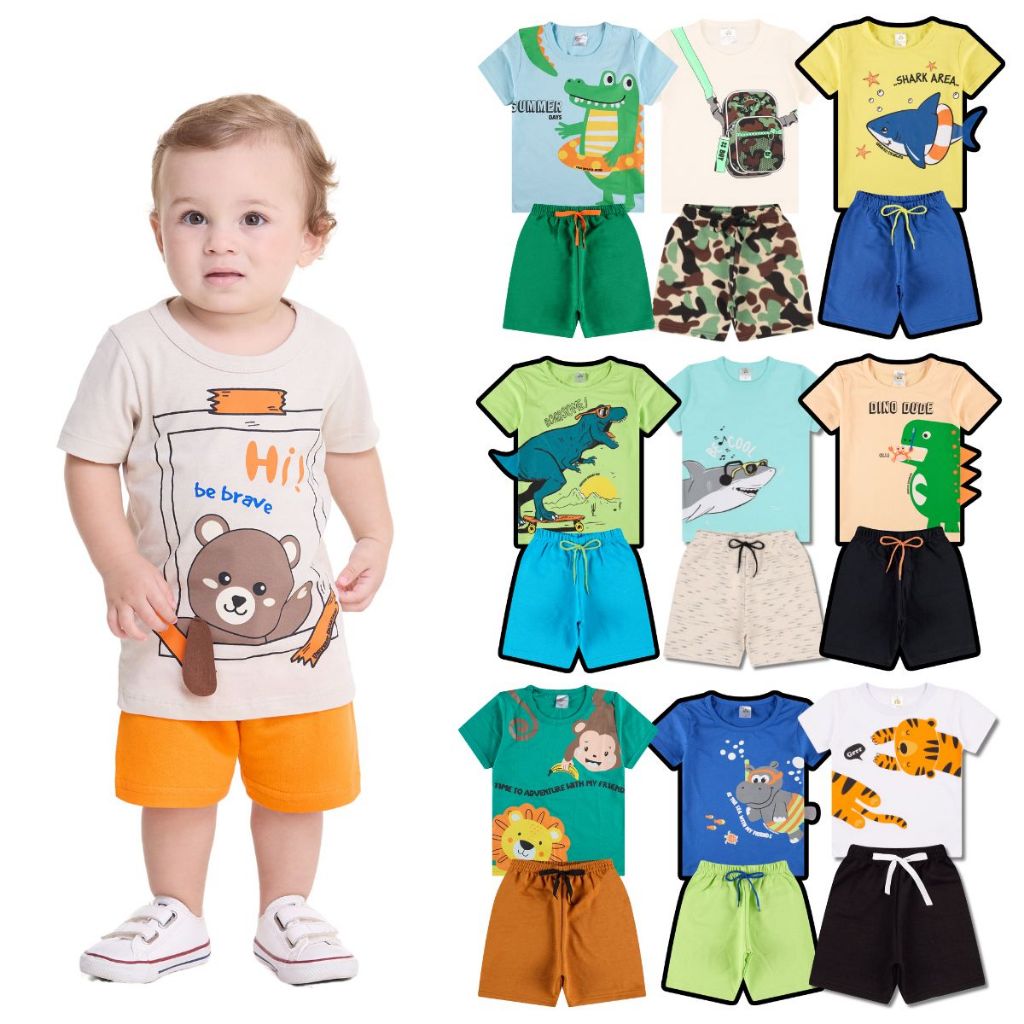 Kit Sortido Interativo 10 Peças de Roupas Infantil Menino Verão (5 Camisetas + 5 Bermudas) Kit 5 Conjuntos