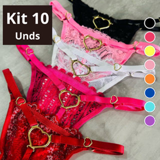 Kit 2,5 ou 10 Calcinhas tanga Fio Dental Sexy Lingerie com Coraçao regulagem em Renda em Oferta na Shopee