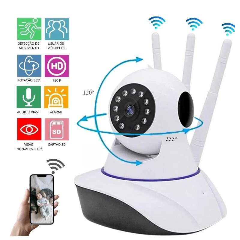 Câmera iP robô 3 antenas wifi visão noturna Alarme HD 360º Babá Eletrônica robozinho sem fio bivolt