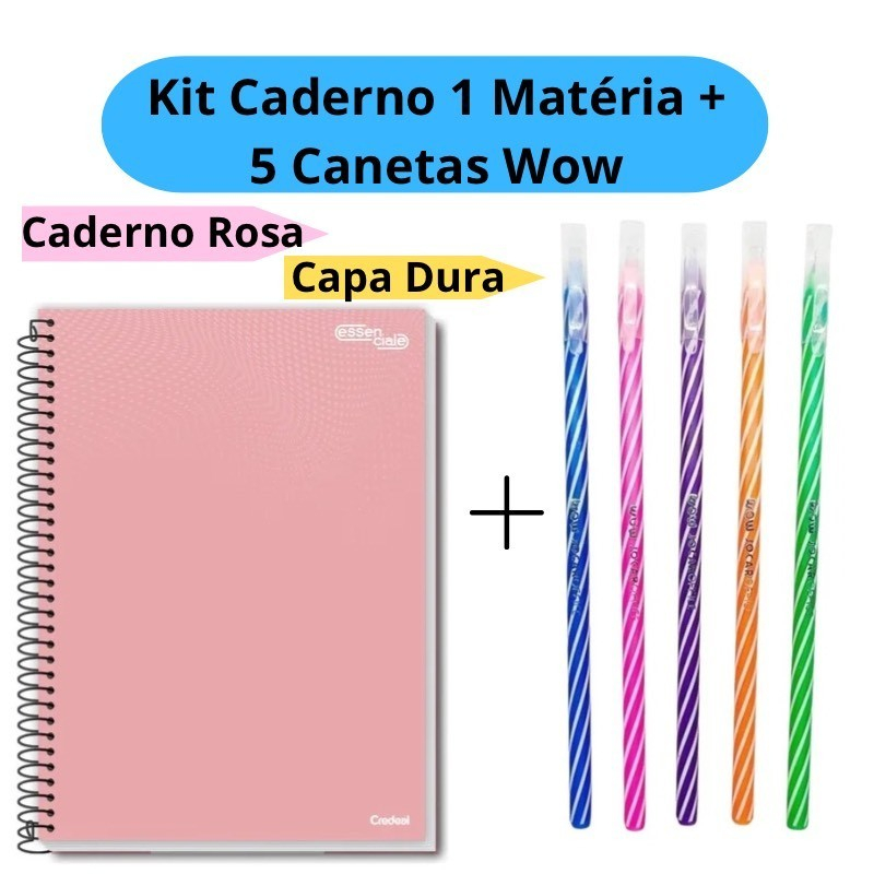 Kit Caderno Universitário 1 Matéria + 5 Canetas Wow 0.7mm Coloridas Caderno Capa Dura Esco...