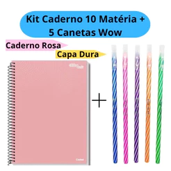 Kit Caderno Universitário 10 Matérias + 5 Canetas Wow 0.7mm Coloridas Capa Dura Rosa Escolar