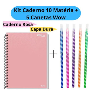 Kit Caderno Universitário 10 Matérias + 5 Canetas Wow 0.7mm Coloridas Capa Dura Rosa Esco…