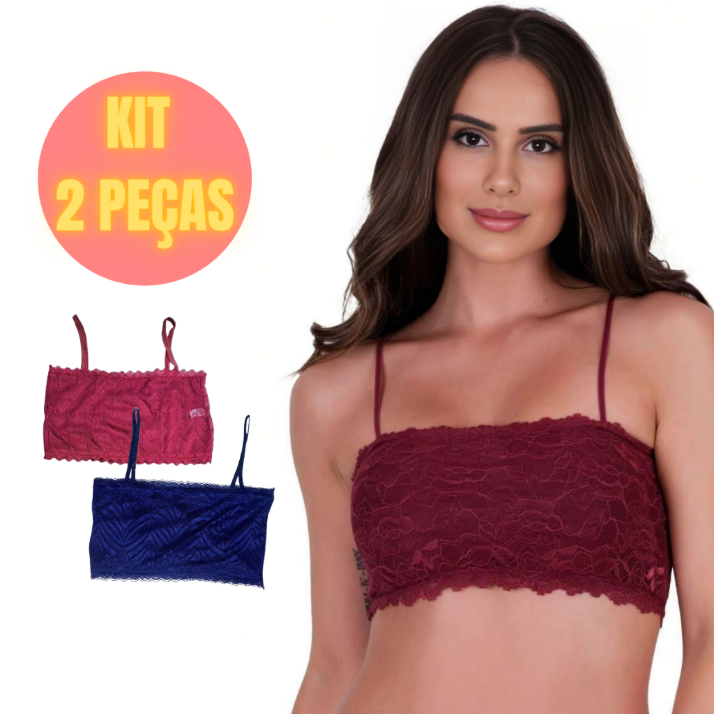 Kit 2 Cropped Alça Fina em Renda Sem Bojo Feminino Dia a Dia Top Forrado de Renda com Alcinha em Oferta na Shopee