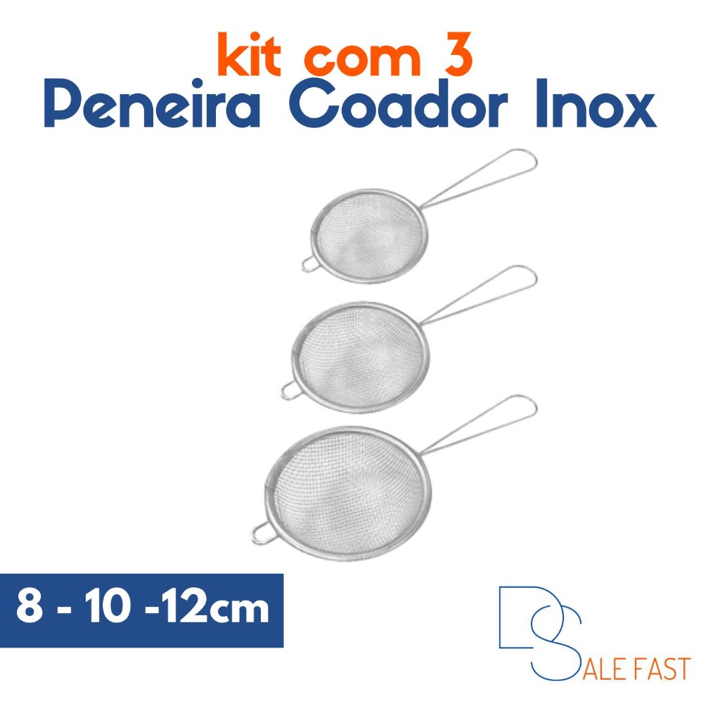 Conjunto 3 Peneiras Coador Metal de Cozinha P M e G 8cm 10cm 12cm Utensílios de Cozinha