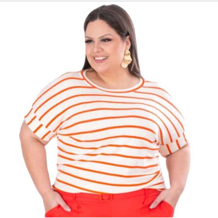 Blusa Listrada Manga Curta Japonesa , T SHIRT PLUS SIZE Malha  Viscolycra , Feminina Tendencia .