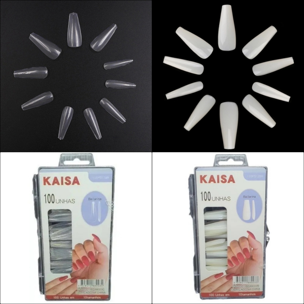Kit100 Peças Unhas Postiças Bailarina  Transparente/Natural - Caixa Acrílica - Versátil e Resistente