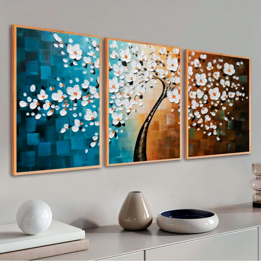 Kit 3 Quadros Luxuoso com Moldura 40X60 cm Arvore Abstrata com Tons Terrosos