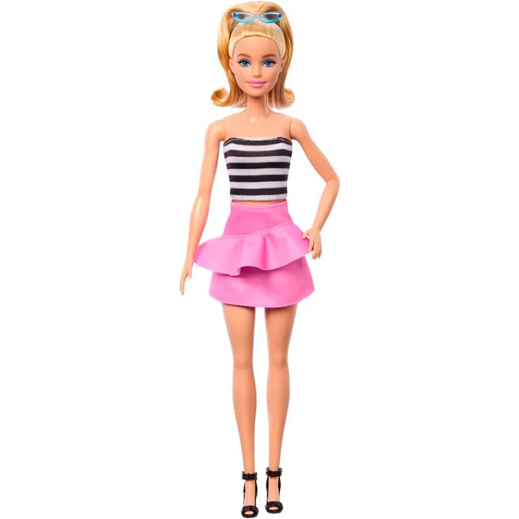 Boneca Barbie Fashionista 213 Loira Blusa Listrada com Saia Rosa HRH11 - Mattel