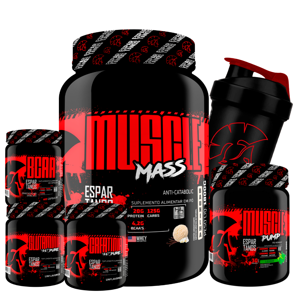 Kit Muscle Mass 1,8kg + BCAA + Creatina + Glutamina + Pré Treino Limão + Coqueteleira - Espartanos em Oferta na Shopee