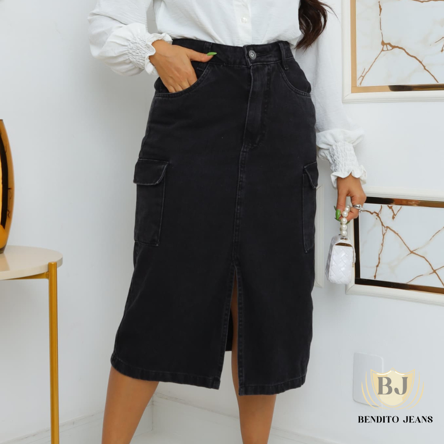 Saia Jeans Cargo Midi Com Fenda na Frente e Bolso Lateral em Oferta na Shopee