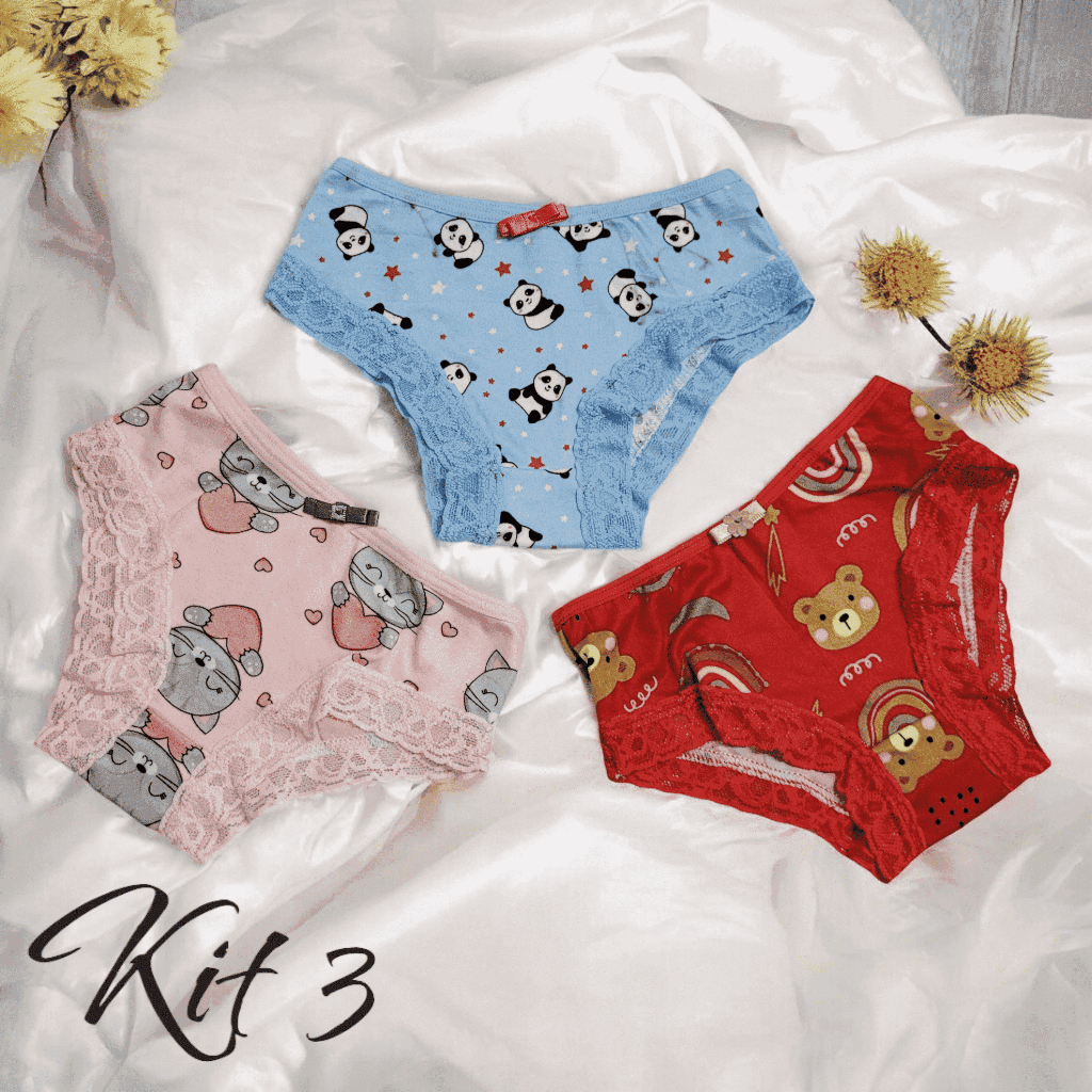 Kit 3 Calcinhas Infantil Estampadas Menina Moça Calcinha Confortável com Renda