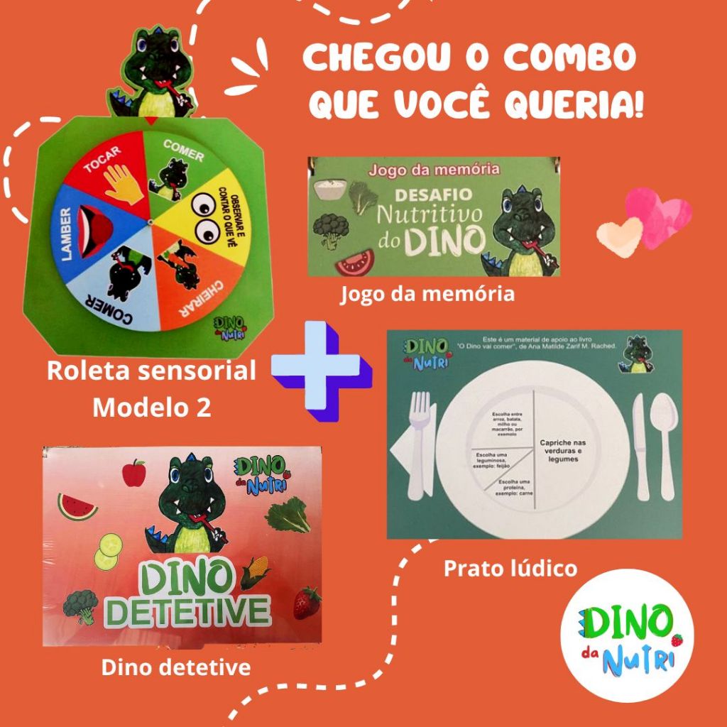 Combo Dino Detetive + Roleta Sensorial + Jogo Da Memória Com Prato Lúdico