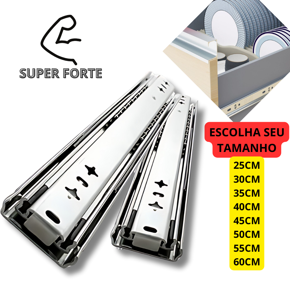 Corrediça Gaveta Trilho Telescópico Reforçada H42 Par 35kg Com parafusos - HDFERRAGENS x